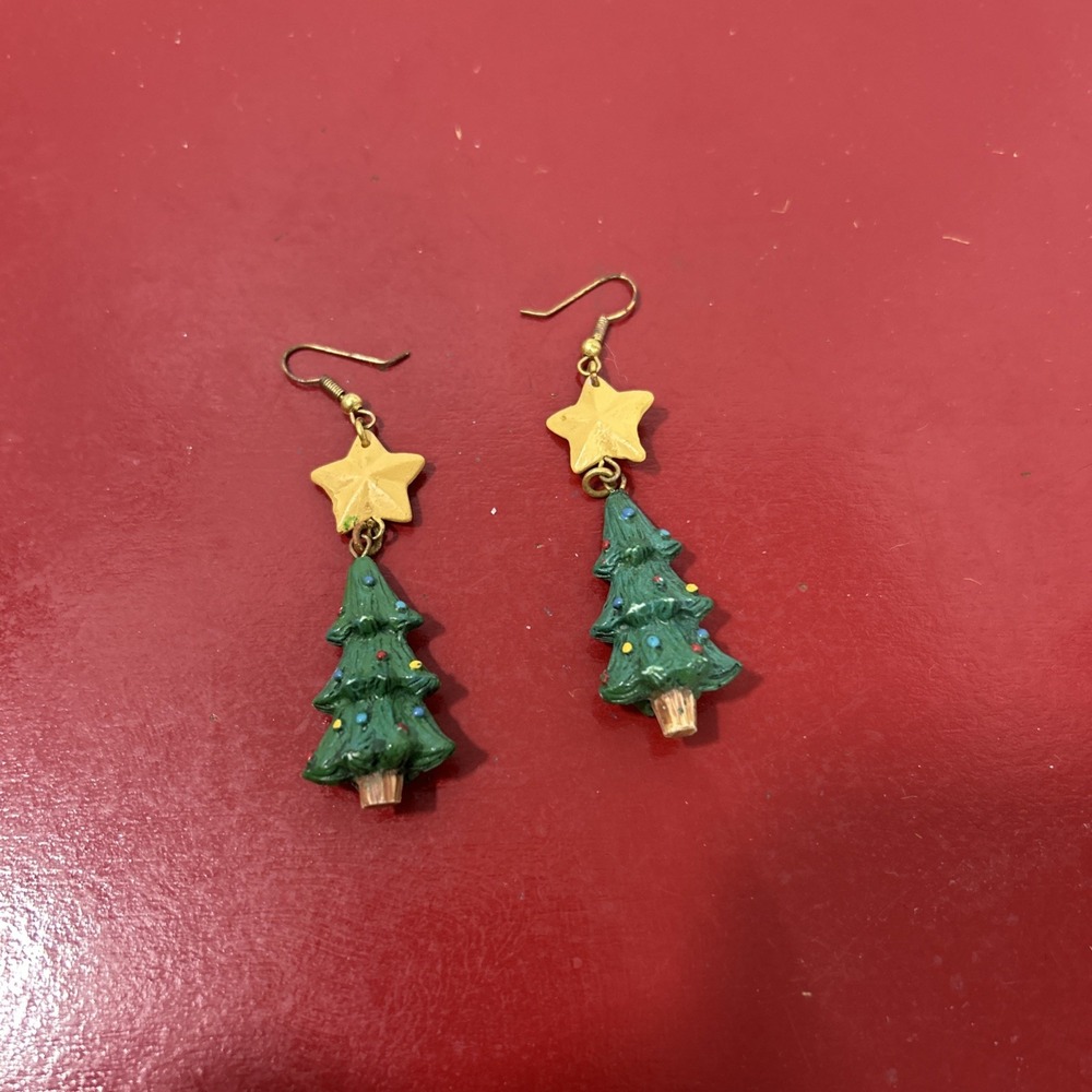 Vintage Yellow Star‎ Green Christmas Tree Dangle Hook Earrings